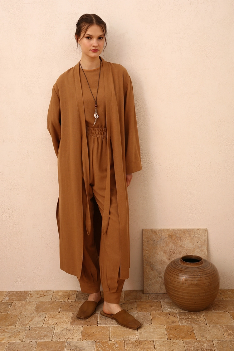 A model wears 48083 - Kimono Set - Tan, wholesale Suit of Allday to display at Lonca