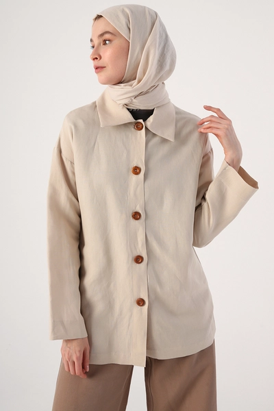 A model wears 48101 - Jacket - Beige, wholesale Jacket of Allday to display at Lonca