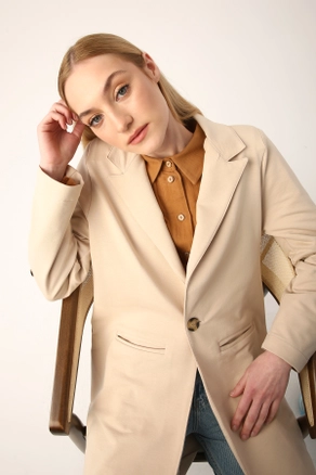 A model wears 7684 - Modest Jacket - Biscuit Color, wholesale undefined of Allday to display at Lonca