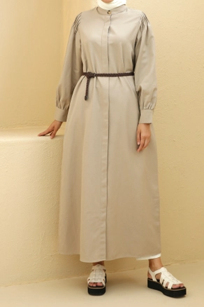 A model wears 8557 - Modest Abaya - Stone, wholesale Abaya of Allday to display at Lonca