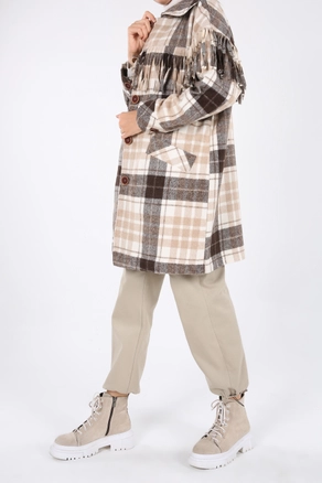 A model wears 8882 - Modest Tartan Jacket - Brown Ecru, wholesale Jacket of Allday to display at Lonca