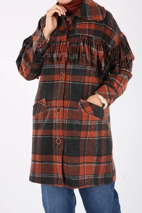 A model wears 8884 - Modest Tartan Jacket - Brick Red Black, wholesale undefined of Allday to display at Lonca