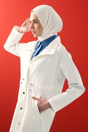 A model wears 9428 - Modest Scuba Coat - Ecru, wholesale undefined of Allday to display at Lonca
