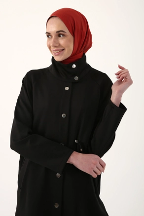 A model wears 9430 - Modest Scuba Coat - Black, wholesale undefined of Allday to display at Lonca