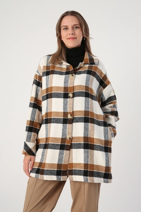 A model wears 33595 - Plaid Shirt Jacket - Ecru And Mustard, wholesale undefined of Allday to display at Lonca