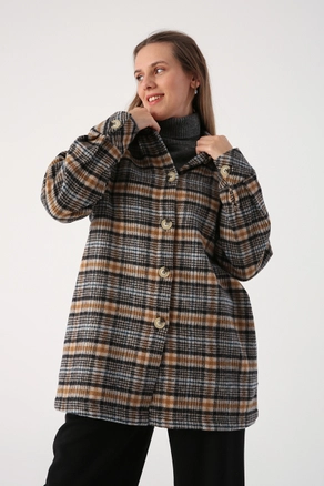 A model wears 33597 - Plaid Shirt Jacket - Black And Camel, wholesale Jacket of Allday to display at Lonca