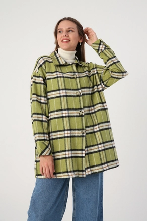 A model wears 33598 - Plaid Shirt Jacket - Green And Black, wholesale undefined of Allday to display at Lonca