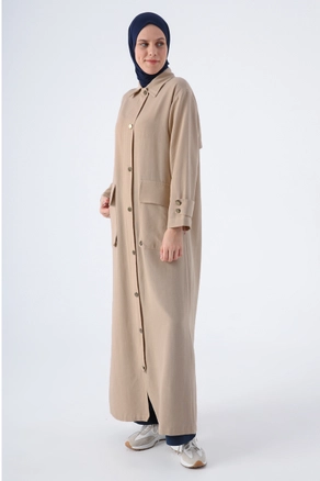 A model wears ALL10497 - Abaya - Dark Beige, wholesale Abaya of Allday to display at Lonca