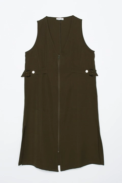 A wholesale clothing model wears ALL10619 - V-Neck Vest With Buckles And Zippers - Khaki, Turkish wholesale Vest of Allday