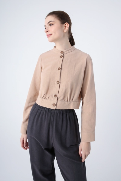 A model wears ALL10776 - Buttoned Cotton Linen Short Jacket - Dark Beige, wholesale Jacket of Allday to display at Lonca
