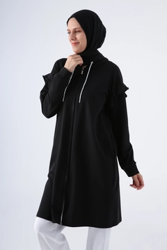 A wholesale clothing model wears ALL10834 - Cotton Shoulder Flywheel Hooded Glittery Lace-Up Detail Zippered Cardigan - Black, Turkish wholesale Cardigan of Allday
