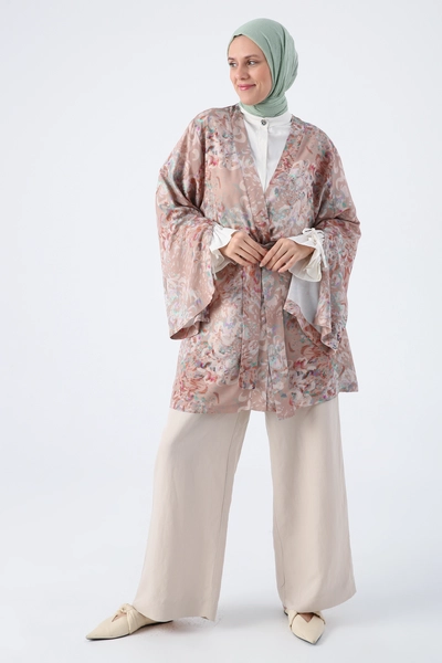 A model wears ALL10884 - Oversized Sleeve Slit Detailed Belted Patterned Kimono - Beige-brown, wholesale Kimono of Allday to display at Lonca