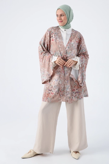 A wholesale clothing model wears  Oversized Sleeve Slit Detailed Belted Patterned Kimono - Beige-brown
, Turkish wholesale Kimono of Allday