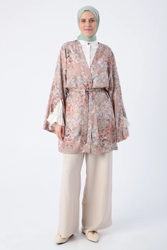 A wholesale clothing model wears ALL10884 - Oversized Sleeve Slit Detailed Belted Patterned Kimono - Beige-brown, Turkish wholesale Kimono of Allday