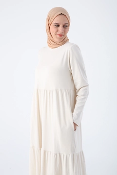 A wholesale clothing model wears ALL10933 - Ruffled Cotton Combed Combed Dress - Ecru, Turkish wholesale Dress of Allday