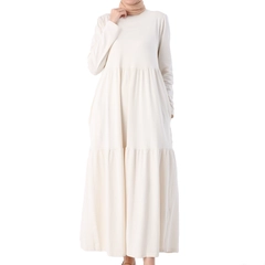 A wholesale clothing model wears ALL10933 - Ruffled Cotton Combed Combed Dress - Ecru, Turkish wholesale Dress of Allday