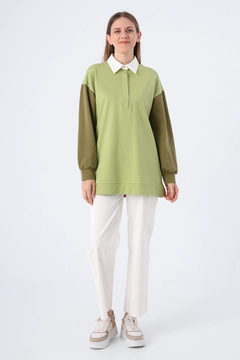 Veľkoobchodný model oblečenia nosí ALL10971 - Cotton Garnish Thin Bedrock Stitched Tunic - Light Green-brown, turecký veľkoobchodný Tunika od Allday
