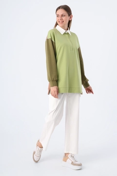 Veleprodajni model oblačil nosi ALL10971 - Cotton Garnish Thin Bedrock Stitched Tunic - Light Green-brown, turška veleprodaja Tunika od Allday