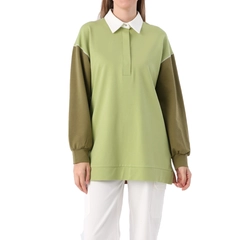 Una modella di abbigliamento all'ingrosso indossa ALL10971 - Cotton Garnish Thin Bedrock Stitched Tunic - Light Green-brown, vendita all'ingrosso turca di Tunica di Allday