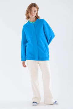 A wholesale clothing model wears all11738-flounced-shoulder-hooded-cardigan-blue, Turkish wholesale Cardigan of Allday