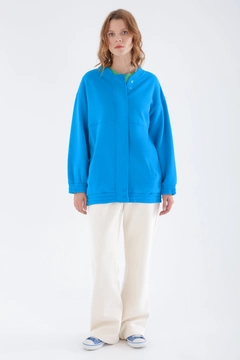 A wholesale clothing model wears all11738-flounced-shoulder-hooded-cardigan-blue, Turkish wholesale Cardigan of Allday