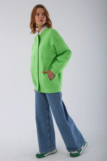 A wholesale clothing model wears  Neon Shoulder Flounce Hooded Cardigan - Green
, Turkish wholesale Cardigan of Allday