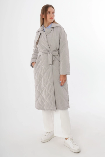 A wholesale clothing model wears  Quilted Coat With Snap Fastener Belt - Stone Color
, Turkish wholesale Coat of Allday
