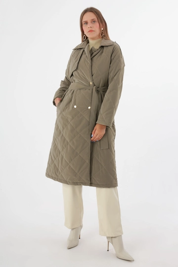 A wholesale clothing model wears  Snap Fasten Belted Quilted Coat - Mink
, Turkish wholesale Coat of Allday