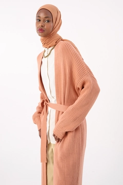 A wholesale clothing model wears all11919-soft-ribbed-long-knitted-cardigan-orange, Turkish wholesale Cardigan of Allday