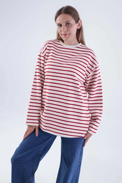 A wholesale clothing model wears all11969-comfortable-fit-sweat-tunic-with-accessory-detail-on-the-collar-ecru-&-claret-red, Turkish wholesale Sweatshirt of Allday