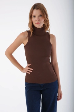 A wholesale clothing model wears all11994-brown-thin-knitwear-sleeveless-underwear-brown, Turkish wholesale Underpants of Allday