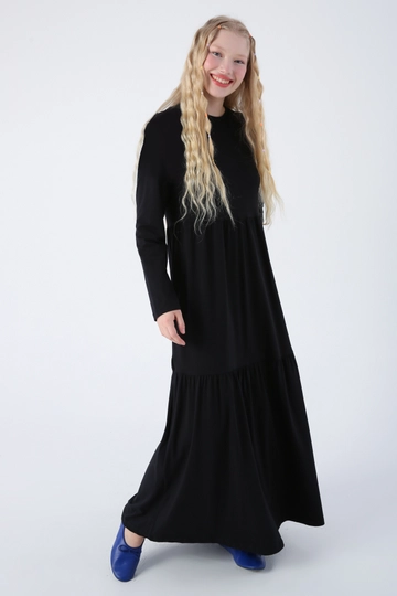 A wholesale clothing model wears  Ruffled Cotton Combed Combed Dress - Black
, Turkish wholesale Dress of Allday
