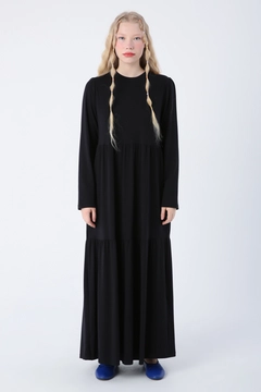 A wholesale clothing model wears ALL11009 - Ruffled Cotton Combed Combed Dress - Black, Turkish wholesale Dress of Allday