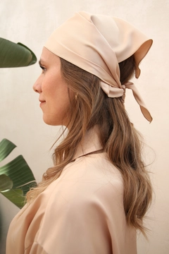 A wholesale clothing model wears ALL11016 - Stone Satin Triangle Bandana - Stone, Turkish wholesale Bonnet of Allday