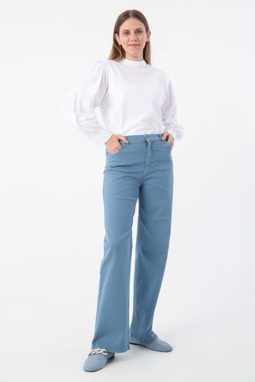 A wholesale clothing model wears  Cotton Patch Dye Wide Leg Lycra Trousers - Blue
, Turkish wholesale Jeans of Allday