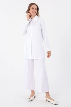A wholesale clothing model wears ALL11108 - Viscose Collar Detailed Stylish Buttoned Shirt Tunic - White, Turkish wholesale Tunic of Allday