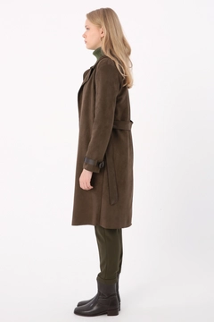 A wholesale clothing model wears ALL11150 - Belted Sleeves Detailed Suede Trench Coat - Khaki, Turkish wholesale Trenchcoat of Allday