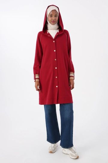 A wholesale clothing model wears  Hooded Cardigan With Striped Rib And Colored Snap - Claret Red
, Turkish wholesale Cardigan of Allday