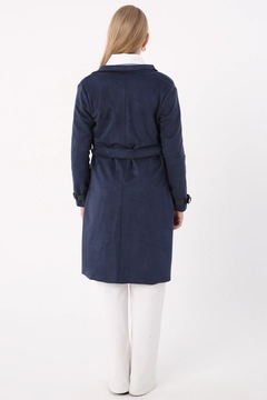 A wholesale clothing model wears ALL11159 - Indigo Belted Sleeves Detailed Suede Trench Coat - Indigo, Turkish wholesale Trenchcoat of Allday