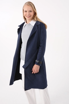 A wholesale clothing model wears ALL11159 - Indigo Belted Sleeves Detailed Suede Trench Coat - Indigo, Turkish wholesale Trenchcoat of Allday