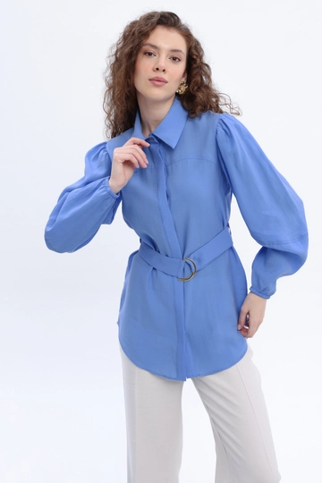 A wholesale clothing model wears  Belted Shirt Tunic - Blue
, Turkish wholesale Tunic of Allday