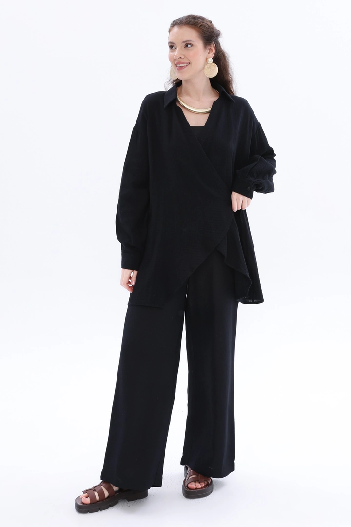 A wholesale clothing model wears all12429-tie-detailed-shirt-tunic-black, Turkish wholesale Tunic of Allday