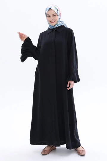 Hurtowa modelka nosi  Wygodna abaja zapinana na zamek - Czarna
, turecka hurtownia Abaya firmy Allday