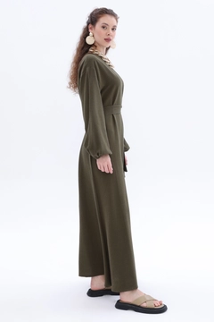 A wholesale clothing model wears all12491-belted-linen-dress-khaki, Turkish wholesale Dress of Allday