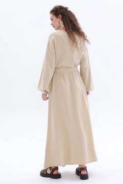 A wholesale clothing model wears all12493-belted-linen-dress-beige, Turkish wholesale Dress of Allday