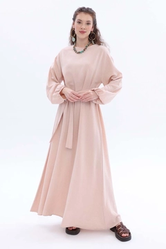 A wholesale clothing model wears all12494-salmon-belted-linen-dress-salmon-pink, Turkish wholesale Dress of Allday