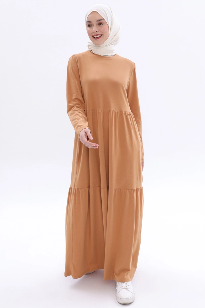 A wholesale clothing model wears all12590-gathered-pocket-dress-camel, Turkish wholesale Dress of Allday