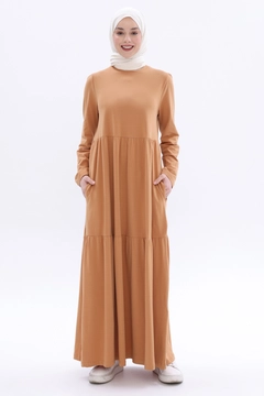 A wholesale clothing model wears all12590-gathered-pocket-dress-camel, Turkish wholesale Dress of Allday