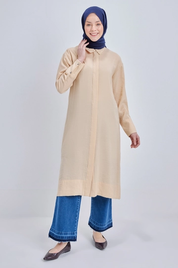 A wholesale clothing model wears  Stone Buttoned Modal Shirt Tunic - Beige
, Turkish wholesale Tunic of Allday