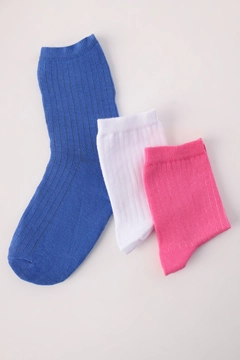 Bir model, Allday toptan giyim markasının all12306-set-of-3-socks-blue-&-white-&-pink toptan Çorap ürününü sergiliyor.